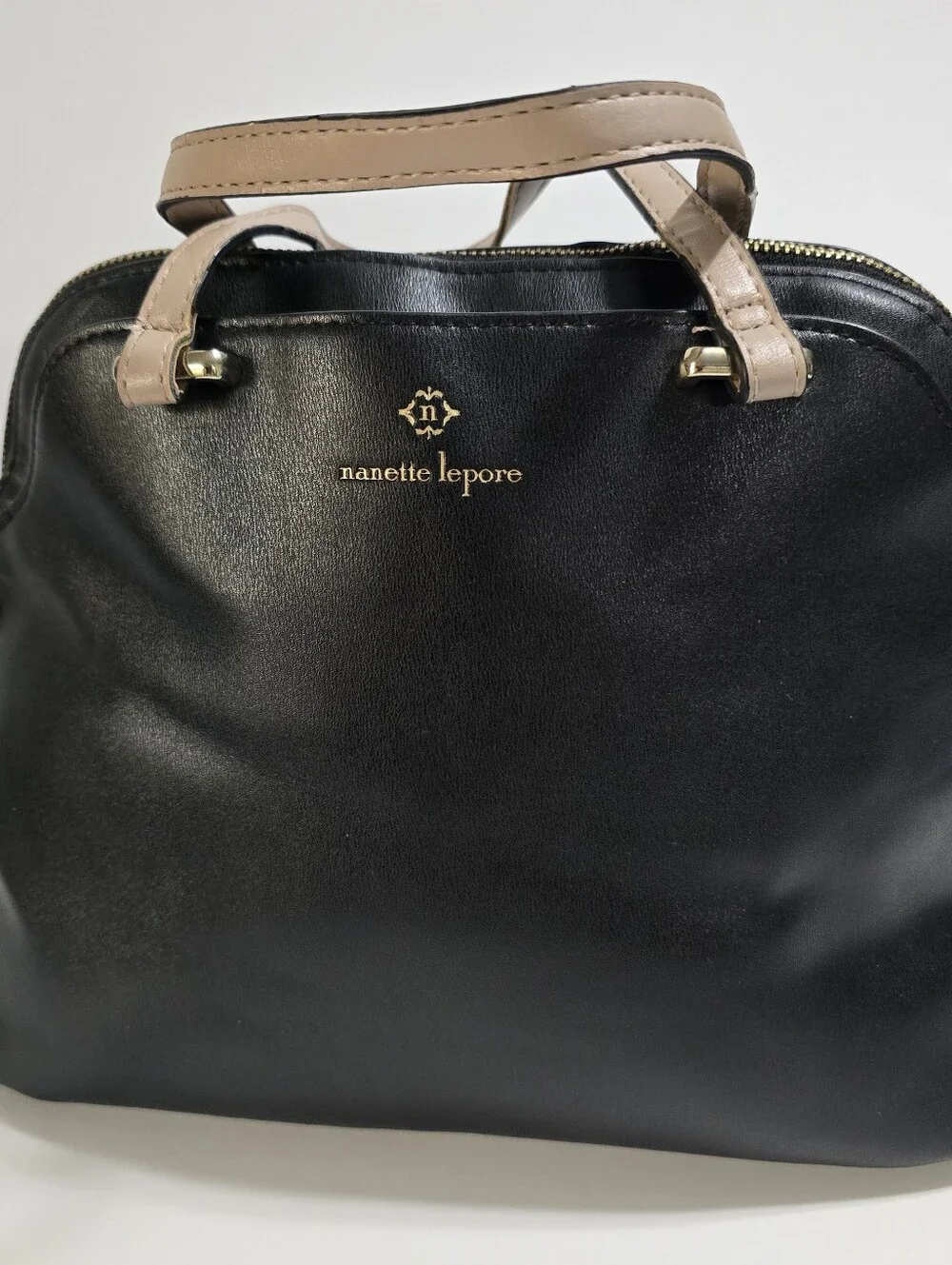 Nanette Lepore Black & Tan Faux Leather Satchel Handbag Purse
